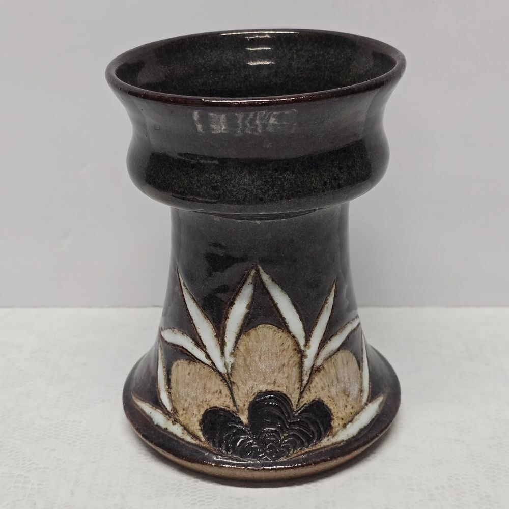 Vintage 80s Scandinavian Stoneware Pottery Floral Vase Blue Brown Signed Rustic